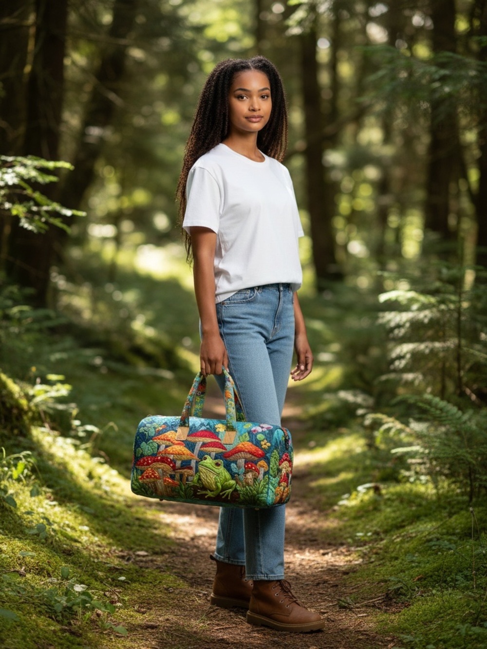 Boho Quilted Mushroom & Frog Weekender Duffle Bag Travel Tote - Picture 5 of 5